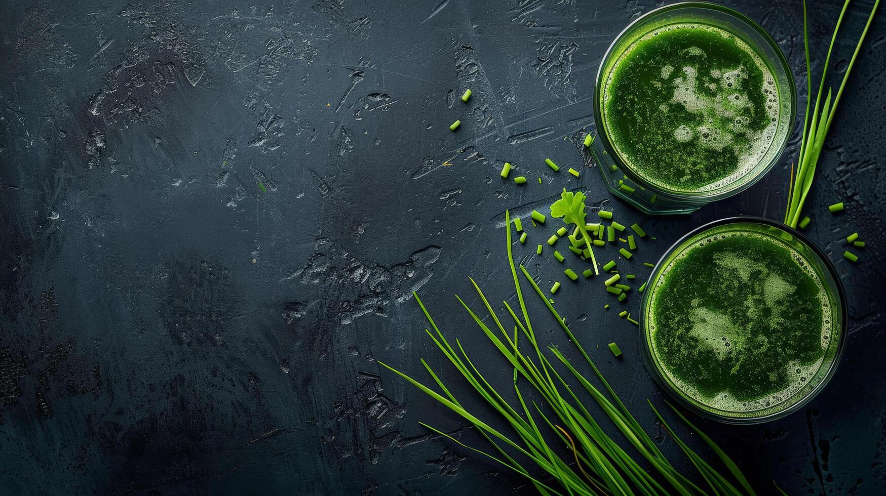 Two glasses of wheatgrass juice with fresh herbs on a dark background photo