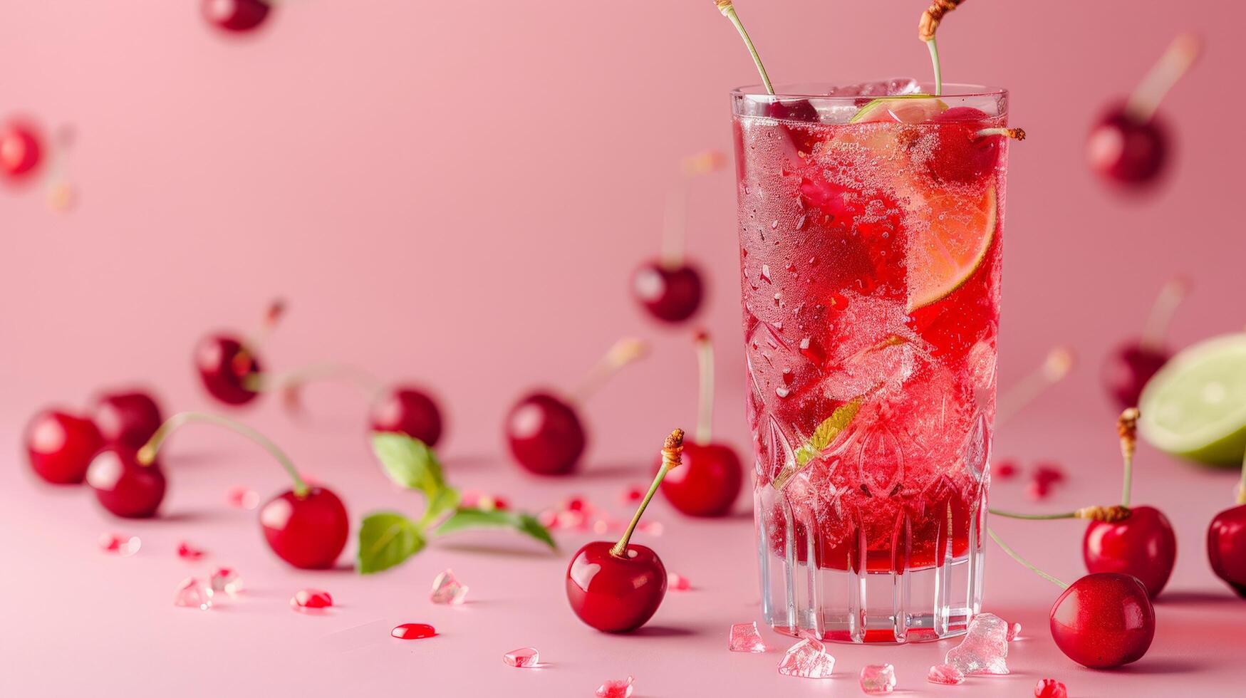 A tall glass of cherry lime rickey with ice and lime wedges surrounded by ripe cherries photo