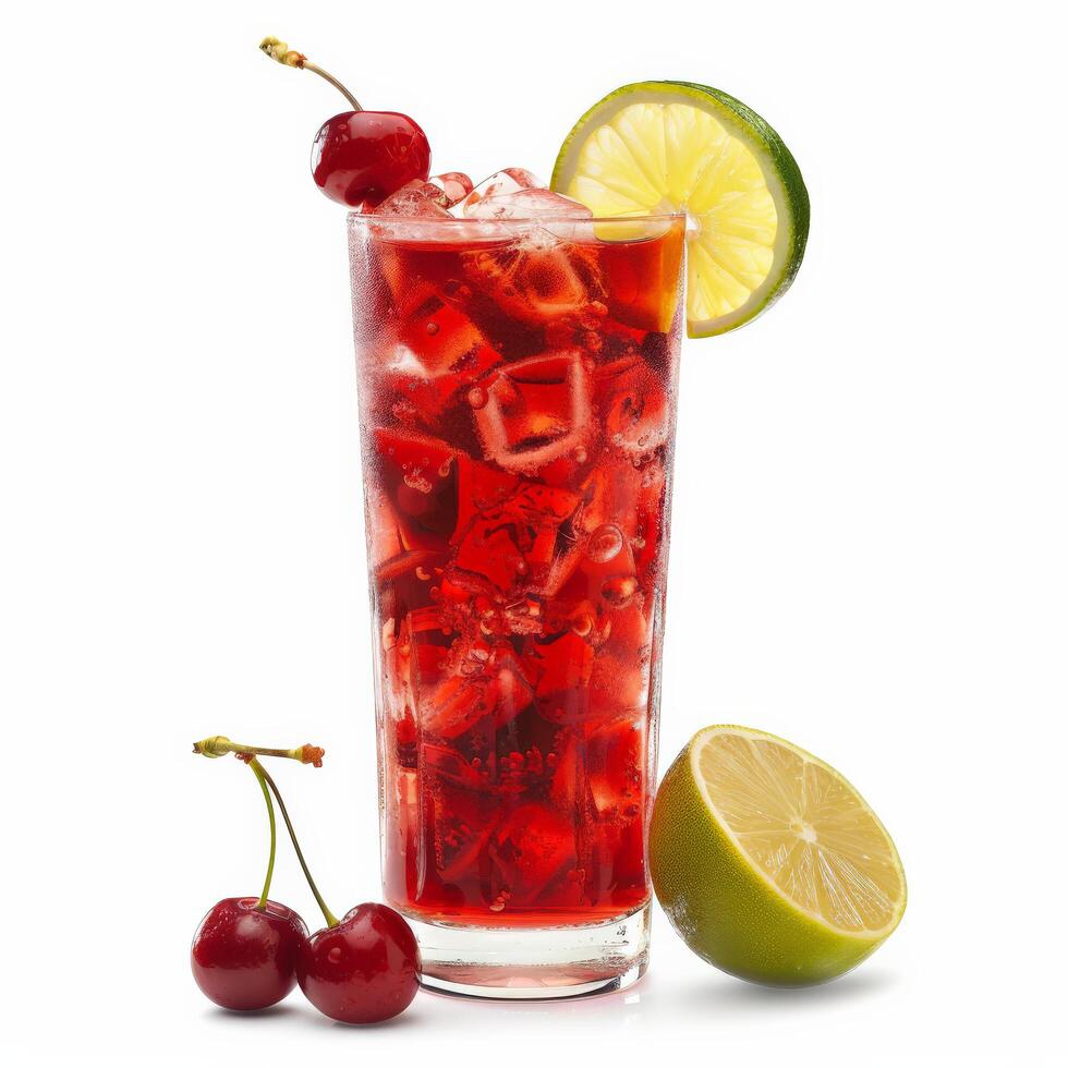 Cherry-lime rickey cocktail with cherries and lime photo
