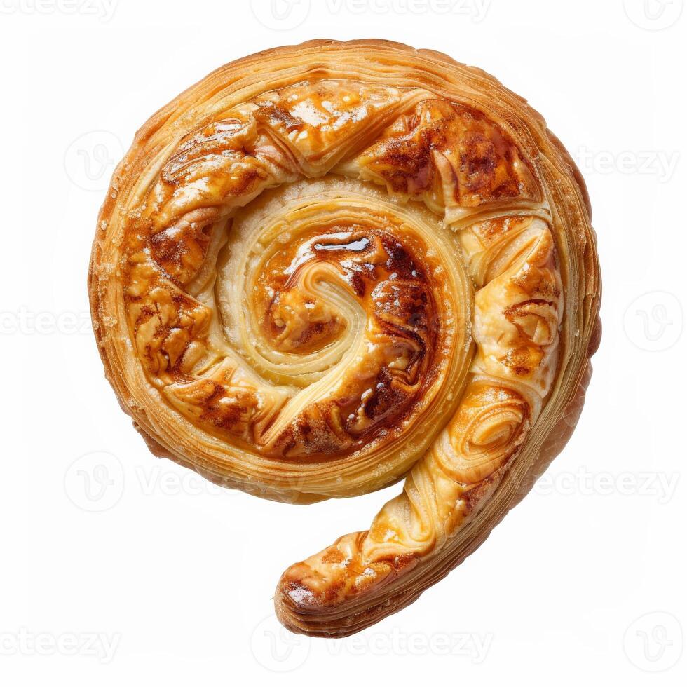 A single, golden-brown pastry, shaped like a spiral, sits on a white background photo