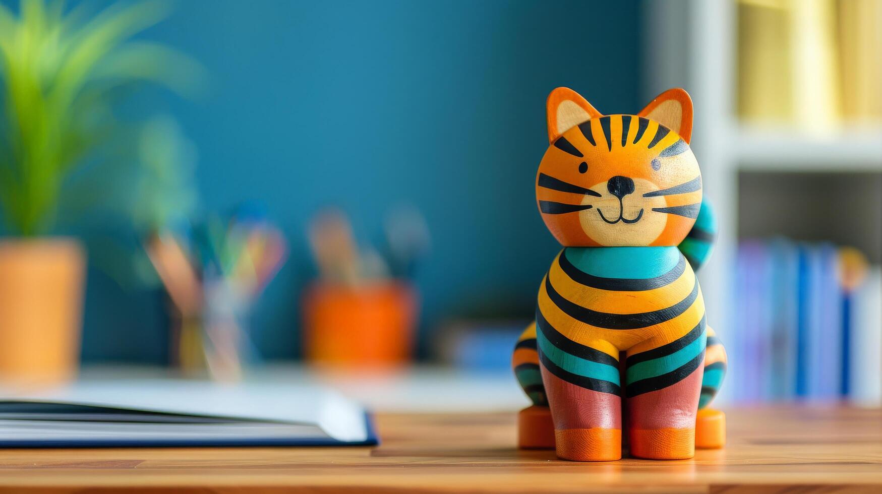 A colorful wooden tiger toy sits on a desk, ready for a day of imaginative play photo
