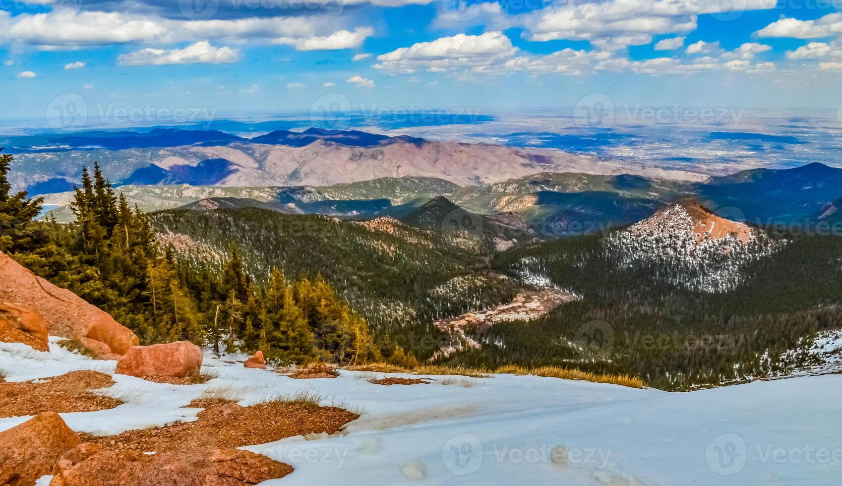 Panorama of winter mountains, snow-covered slopes of Pikes Peak mountains, Colorado, US photo