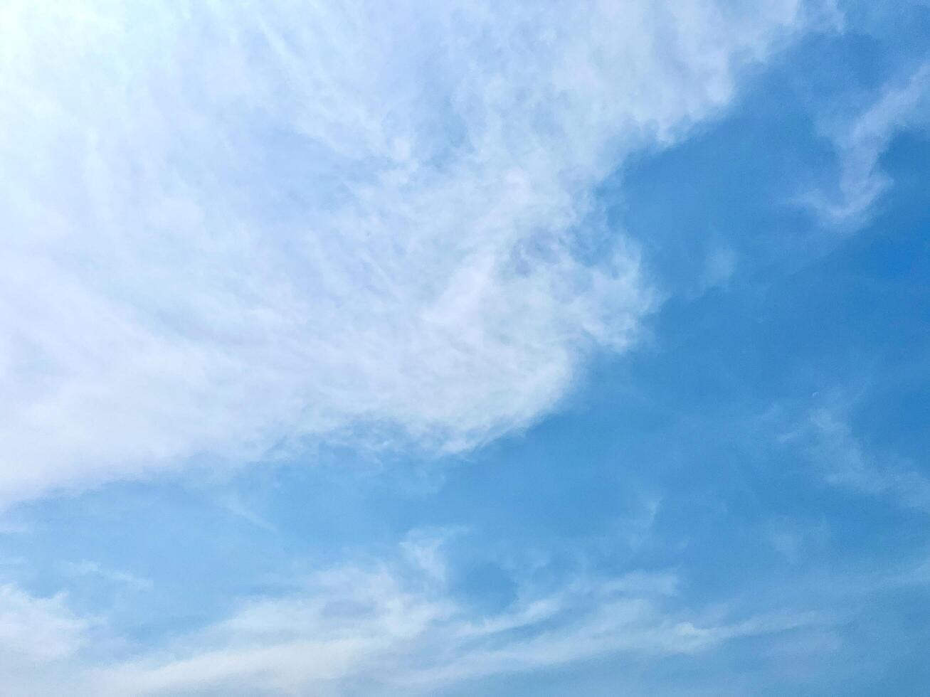Beautiful and bright blue sunny cloudy sky isolated on horizontal ratio empty copy spaced background. photo