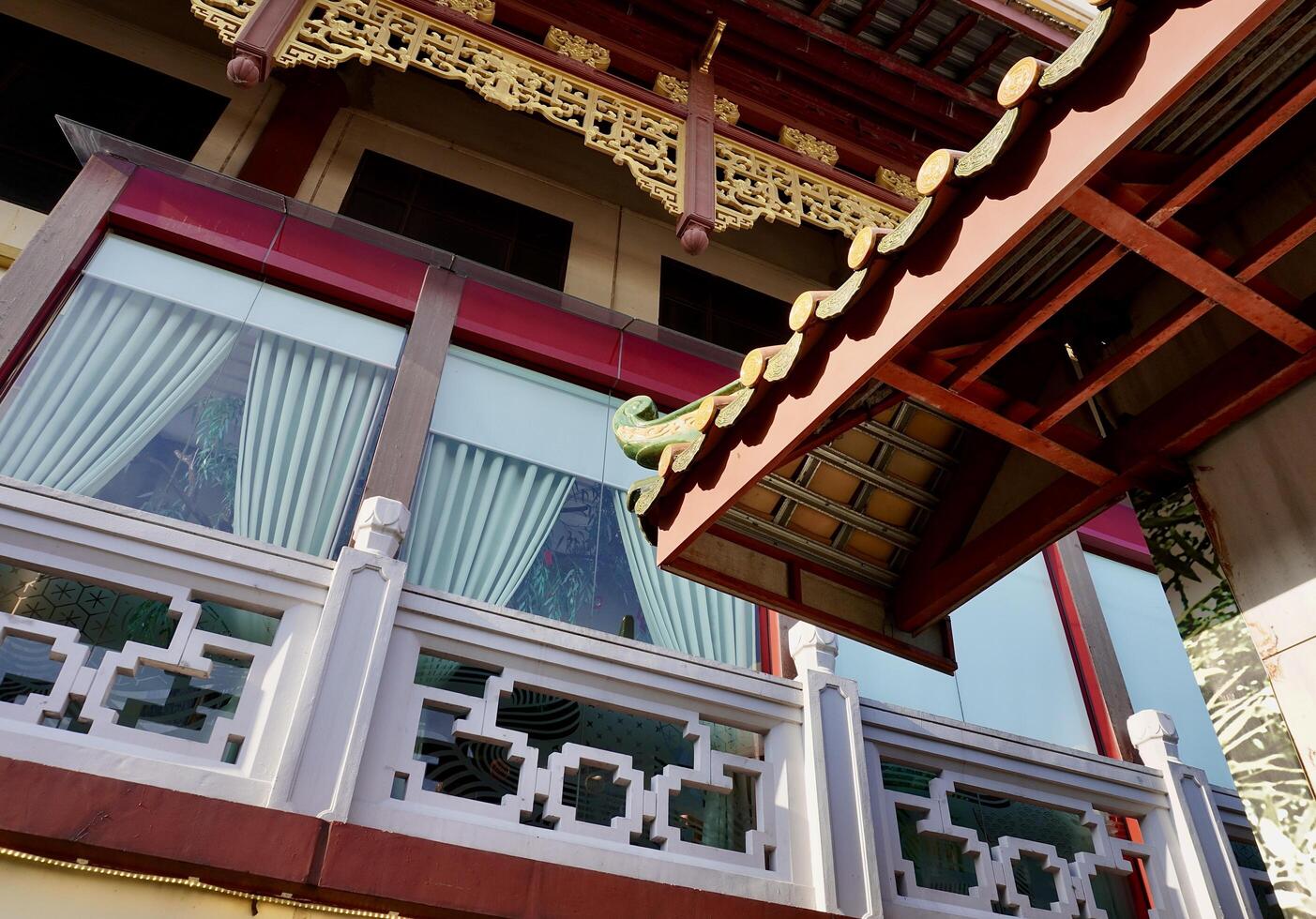Building exterior with chinese eastern styled architecture ornament decoration isolated on horizontal background. photo