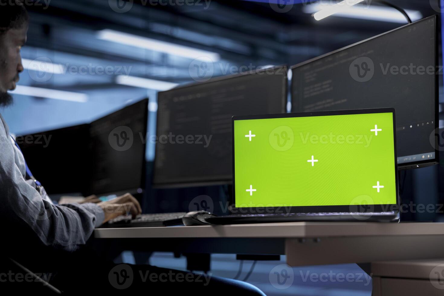 Isolated screen laptop in data center facility managing rackmounts energy consumption. Chroma key notebook used for automation and monitoring processes in server room, close up photo