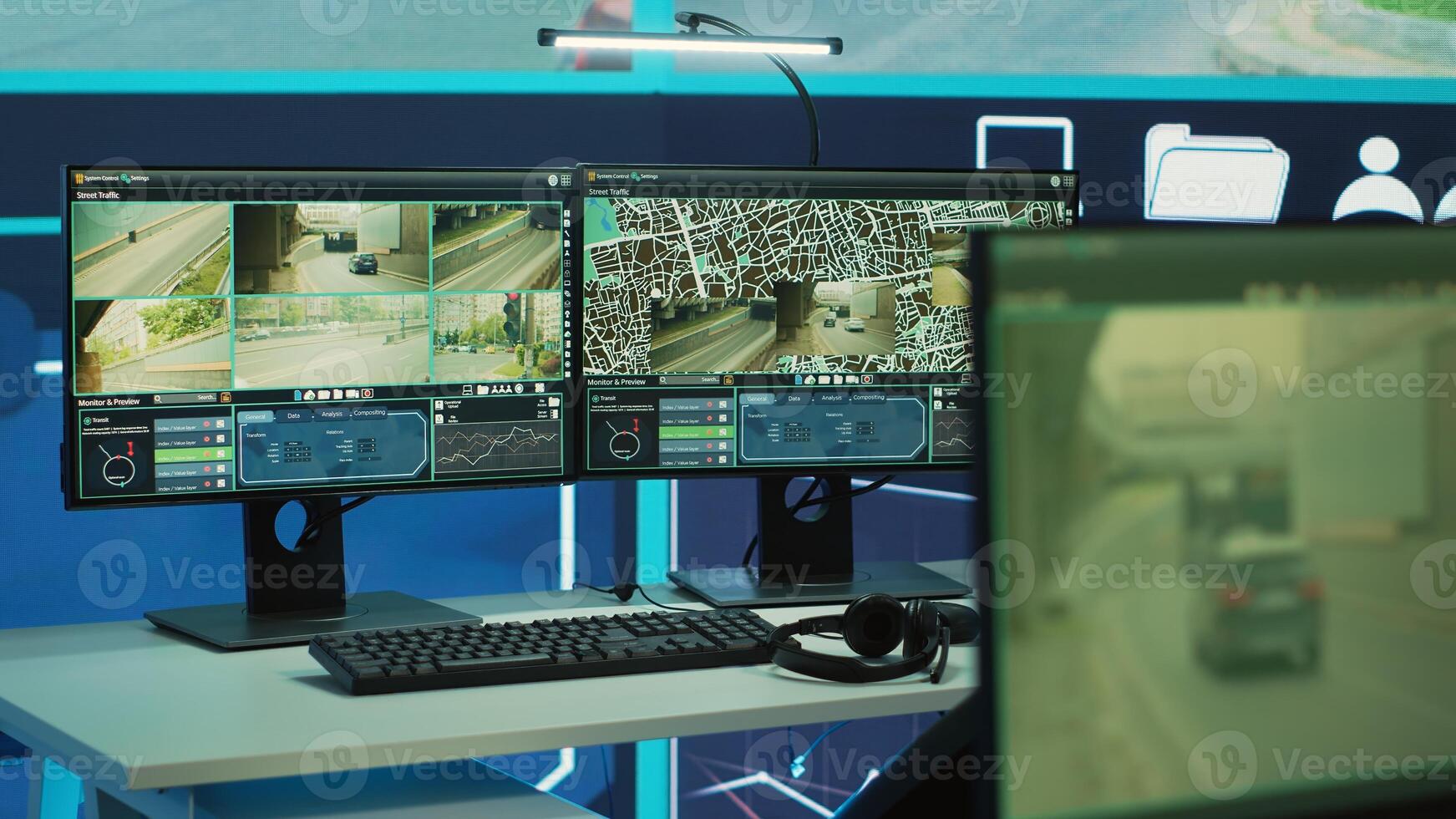 Empty government agency works on traffic radar surveillance system with CCTV security cameras, satellite reconnaissance. Observation room with computers and a big screen monitoring the public. photo