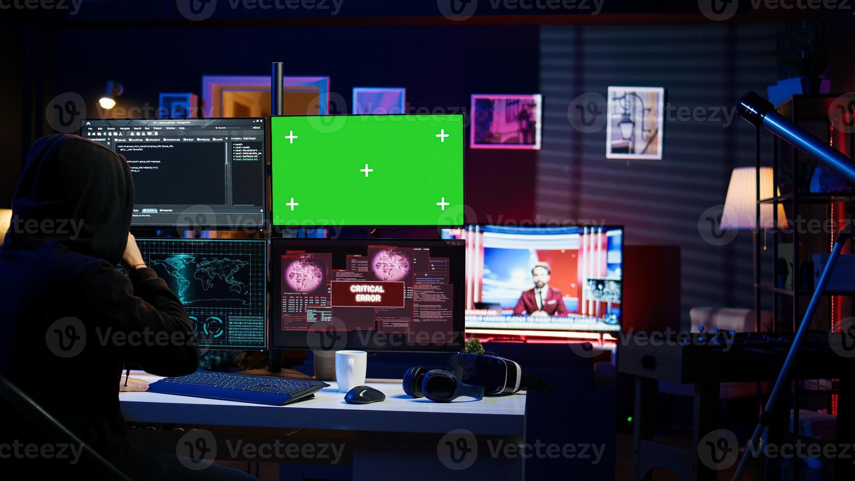 Rogue programmer using green screen PC to hack firewalls, getting attacks rejected by cybersecurity. Scammer using mockup monitor seeing access denied error message while committing fraud, camera B photo