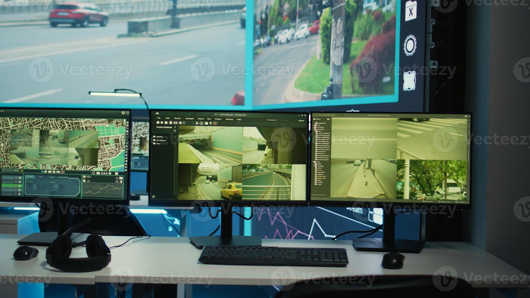 Public security headquarters equipped with satellite CCTV system, monitoring traffic via live radar surveillance footage. Reconnaissance observation room with offices, government dispatch. photo