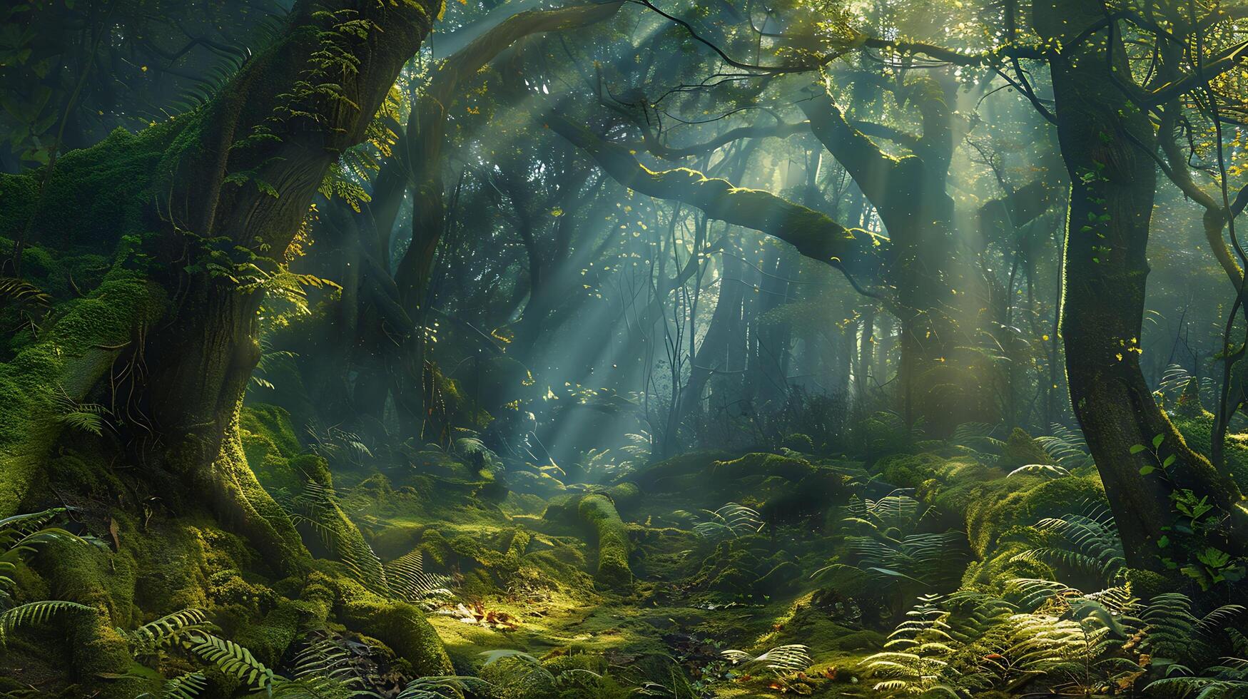 Mystical Enchanted Forest with Ancient Trees, Ethereal Light Beams, and Lush Moss and Ferns Carpet photo