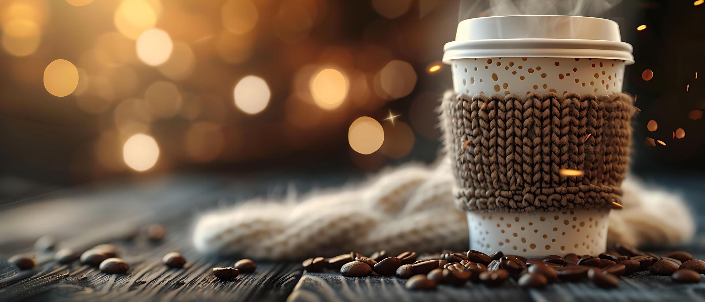 calentar y acogedor café descanso con de punto taza manga en oscuro de madera mesa, dispersado frijoles, y Copiar espacio para mensajes foto