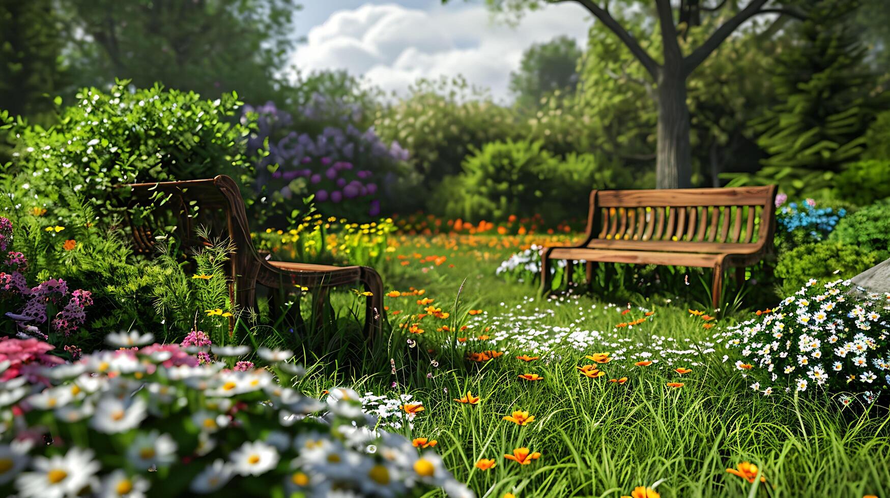 Serene Garden Oasis with Blooming Flowers and Wooden Bench photo