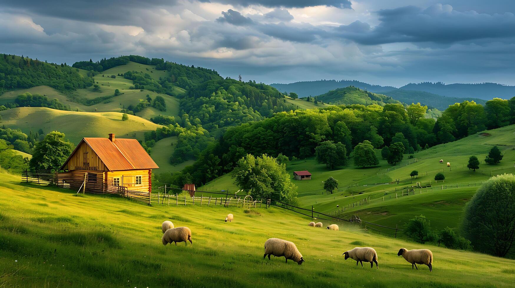 Serene Countryside Bliss Green Hills, Grazing Sheep, and Picturesque Farmhouse photo