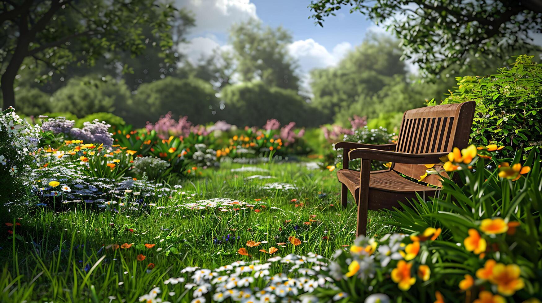 Tranquil Garden Oasis with Blooming Flowers, Lush Grass, and Wooden Bench photo