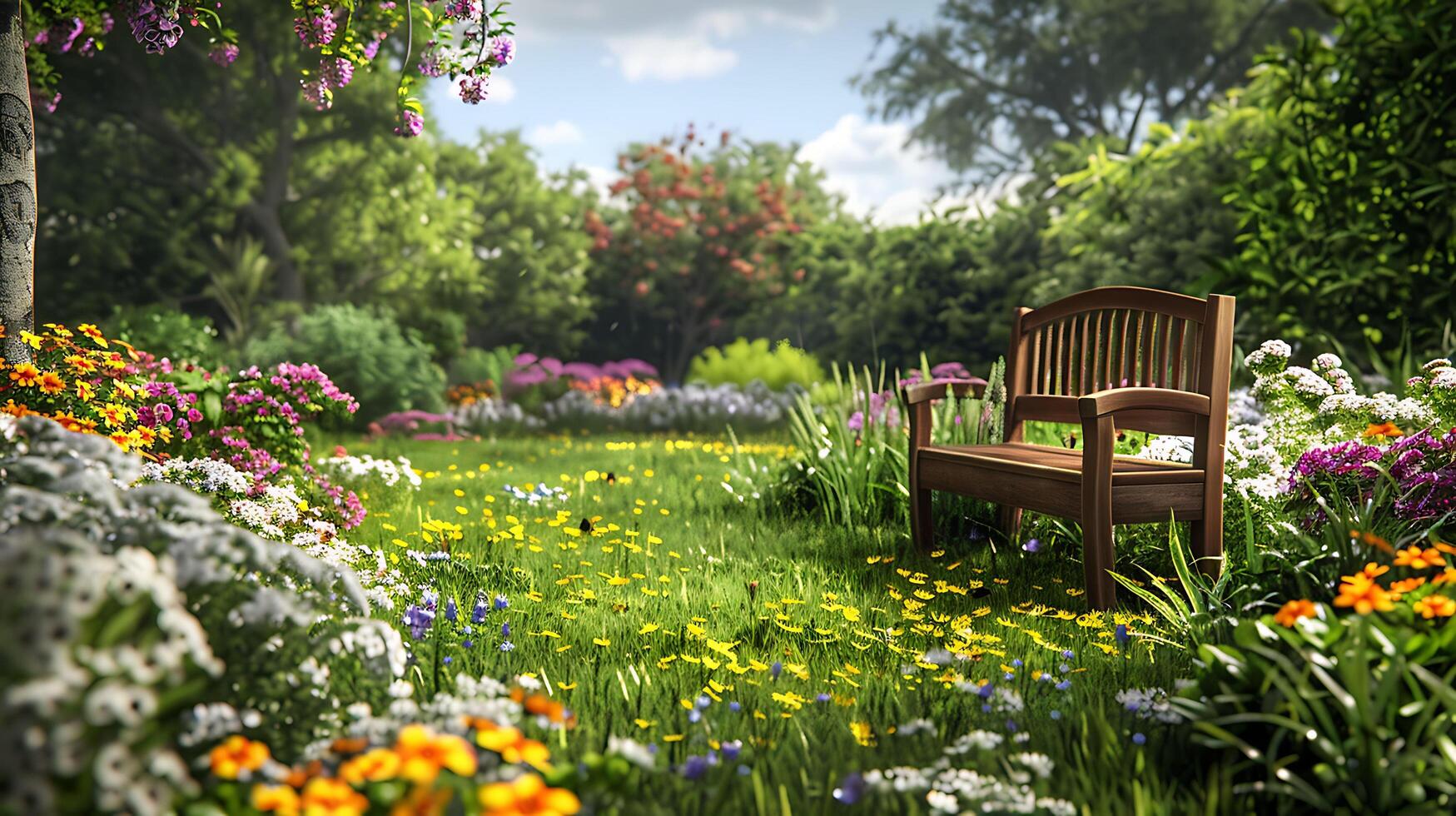 Tranquil Garden Oasis with Blooming Flowers, Green Grass, and Wooden Bench photo