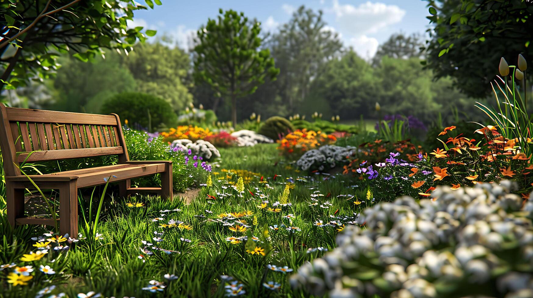 Tranquil Garden Oasis with Blooming Flowers, Lush Greenery, and Wooden Bench photo