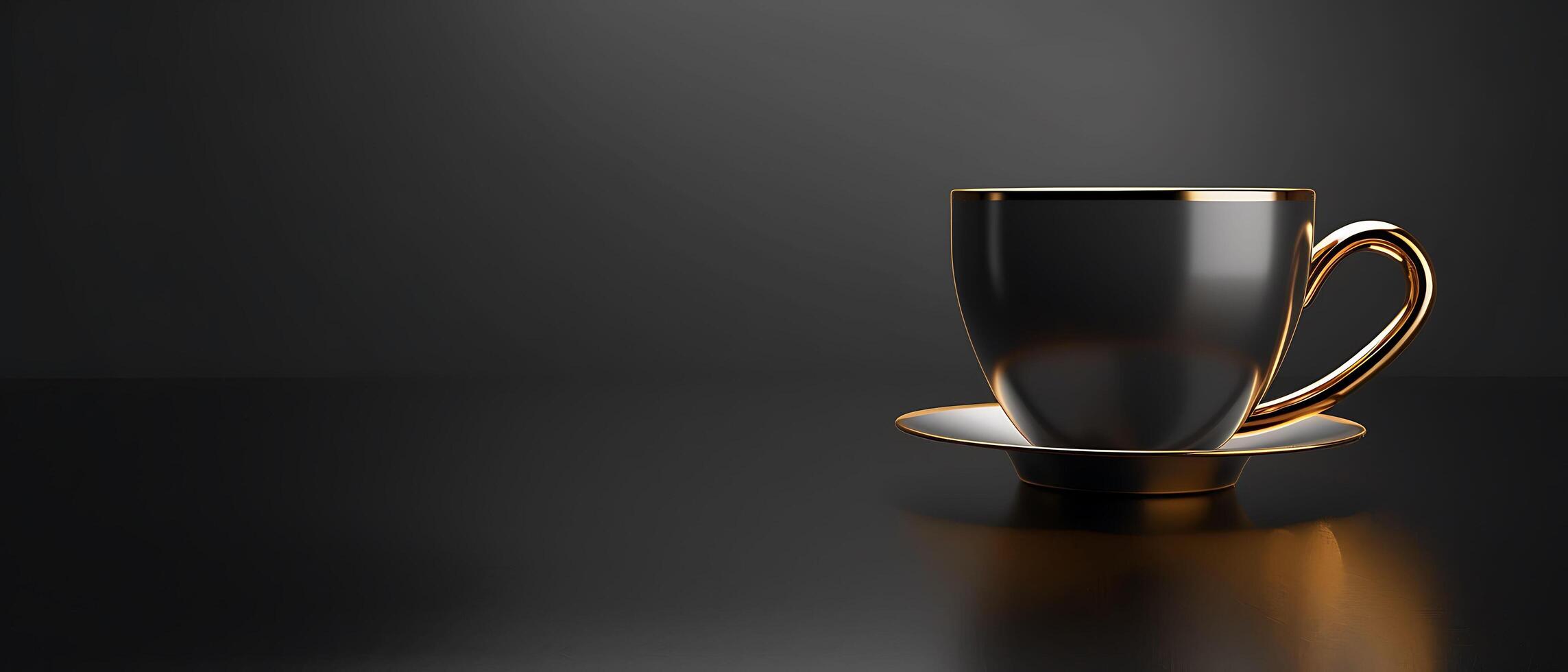 Shiny Metallic Coffee Cup on Dark Background with Reflections - Perfect for Branding and Copy Space photo