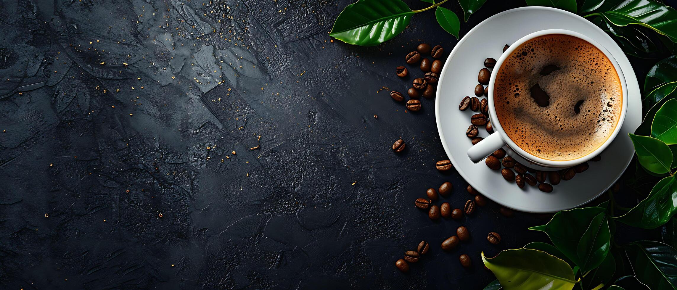 Rustic Vintage Coffee Cup and Saucer with Scattered Beans on Dark Stone Background for Copy Space - Nostalgic Cafe Concept photo