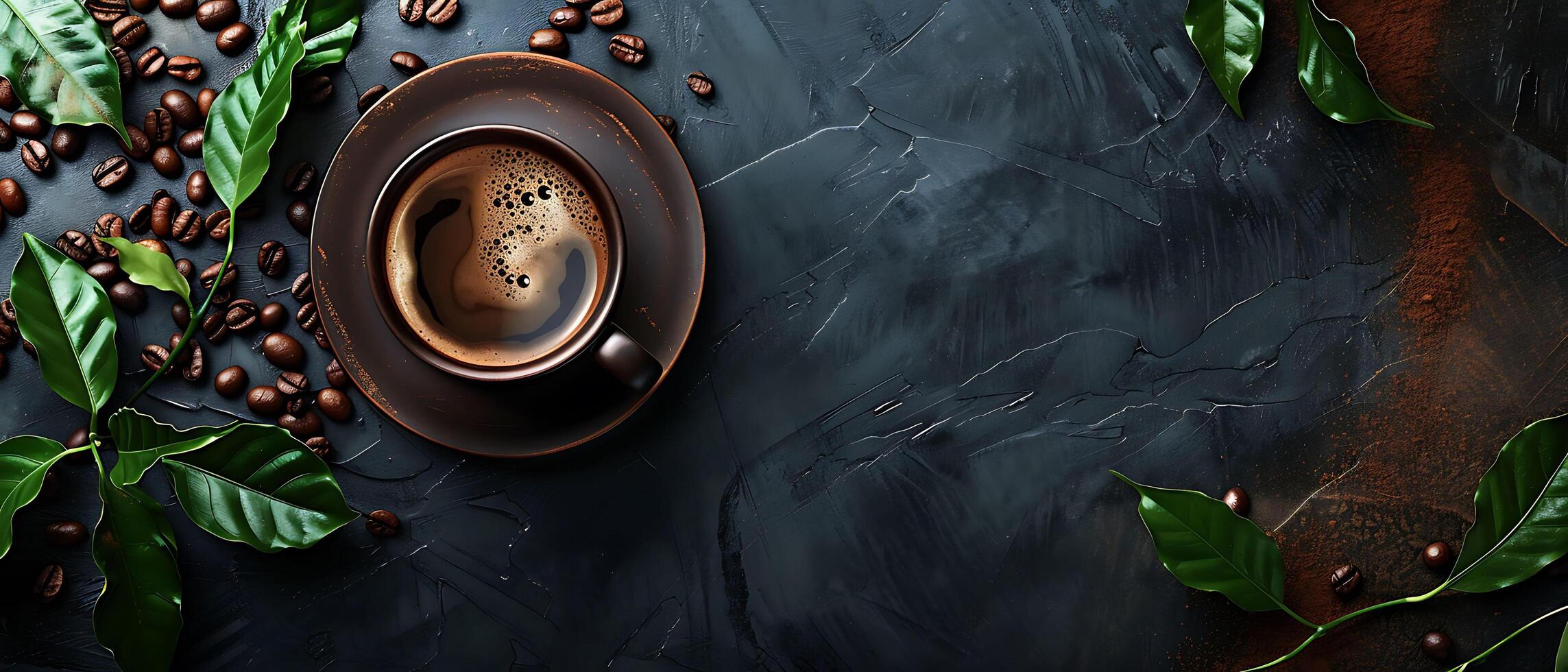 Nostalgic Vintage Coffee Cup and Beans on Dark Stone Background with Copy Space. photo
