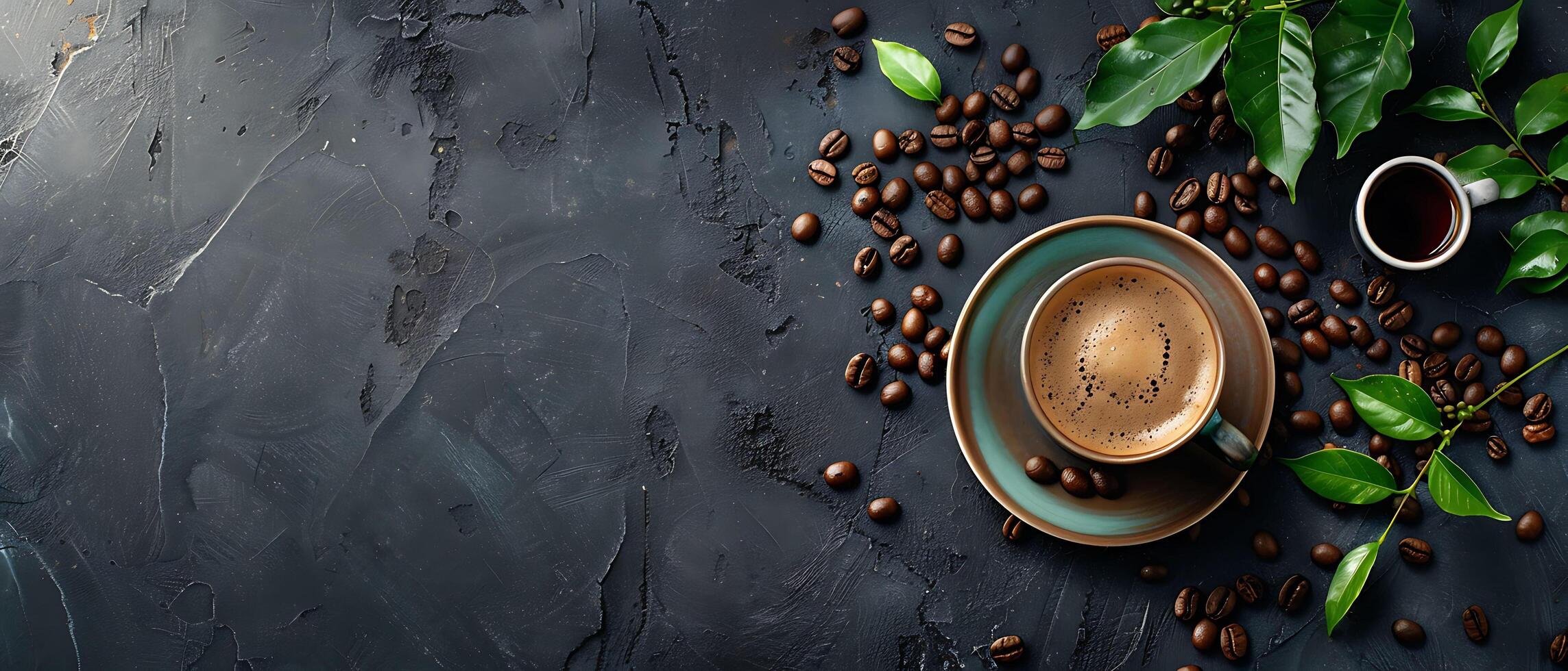 Rustic Charm - Vintage Coffee Cup and Beans on Dark Stone Background with Copy Space photo