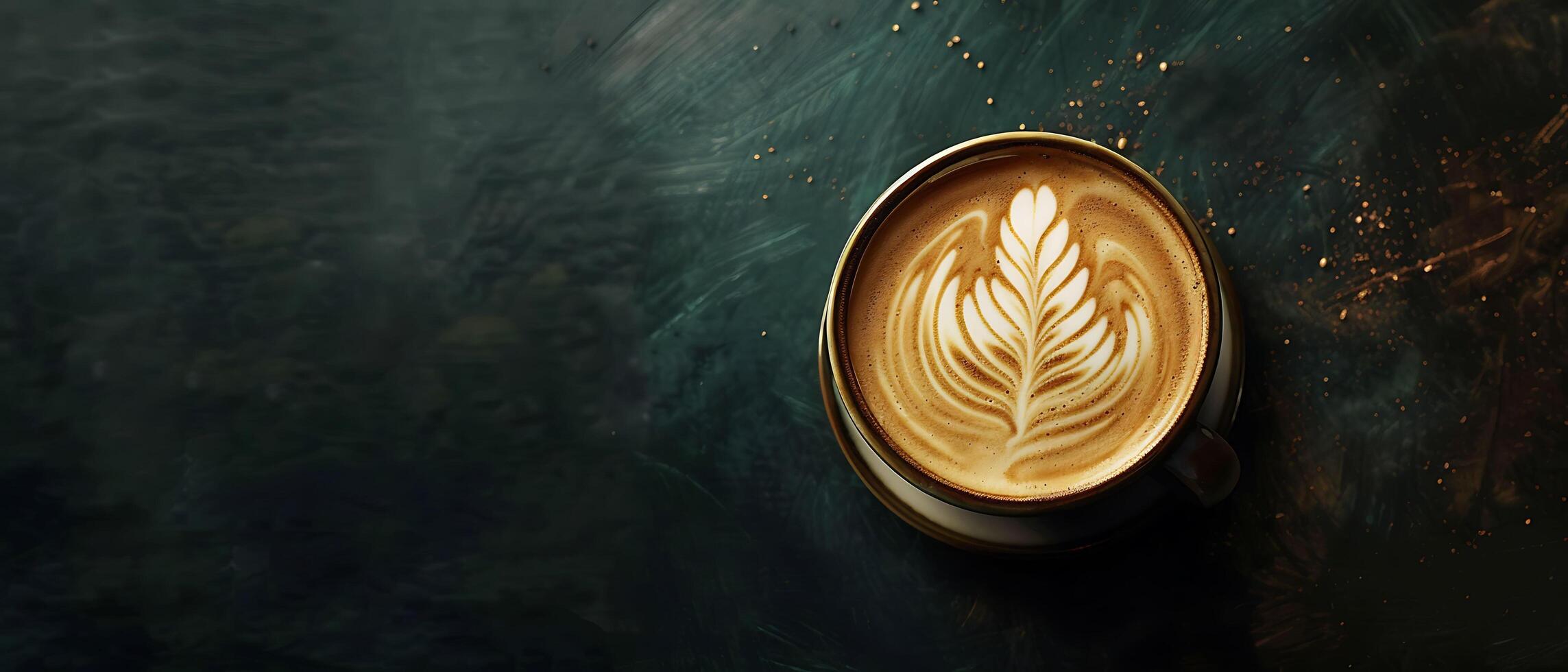 Rich and Creamy Latte Art in Coffee Cup on Dark Reflective Background with Copy Space for Branding or Text photo