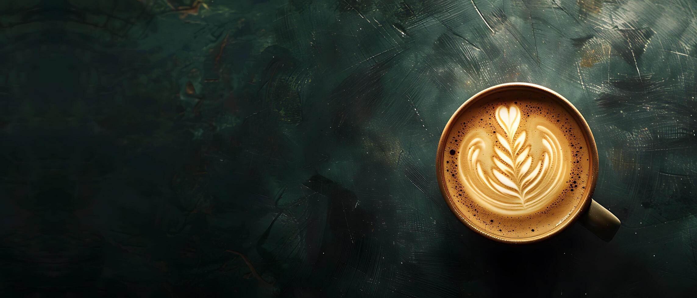 Artistic Creamy Latte in Coffee Cup on Dark Reflective Background with Copy Space for Branding photo