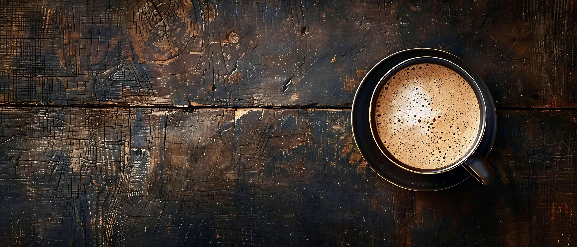 Cozy Morning Vibes Frothy Cappuccino in Coffee Cup on Dark Wood, Relaxation Concept with Copy Space photo