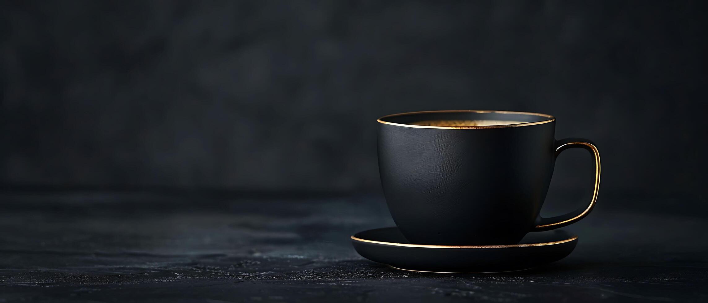 Sophisticated Black and Gold Coffee Cup on Dark Matte Background with Copy Space photo