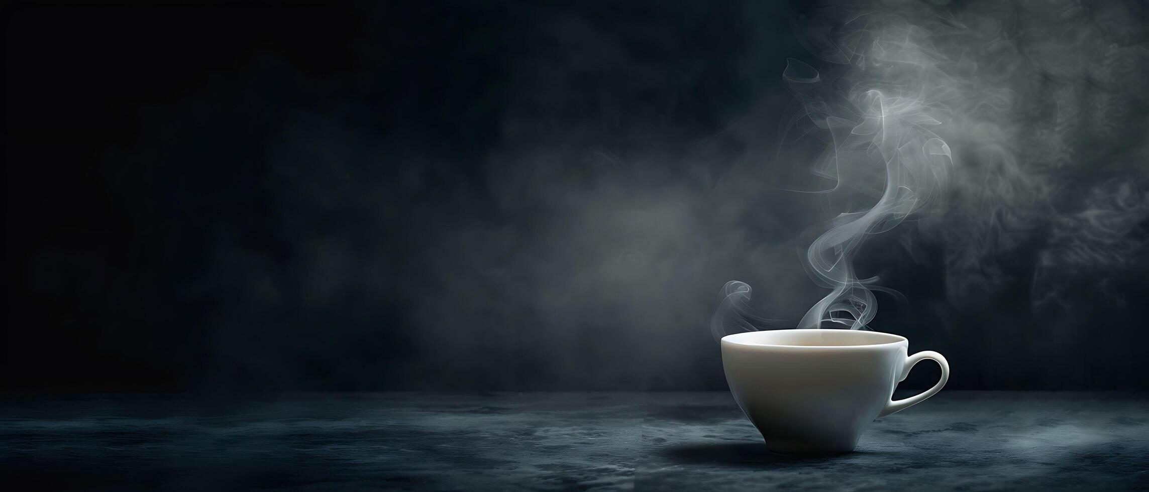 Moody Coffee Cup Artistic Shot with Swirling Steam on Dark Background Offering Dramatic Ambiance and Copy Space photo