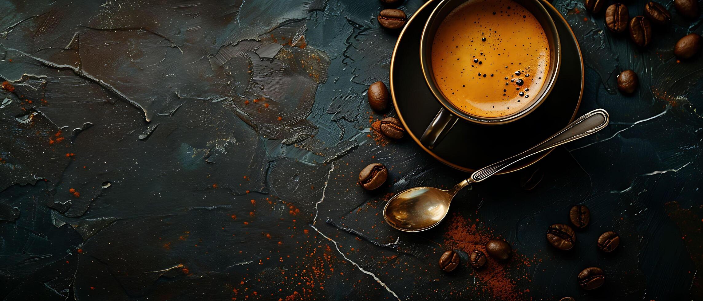 Rich Espresso Coffee Cup on Dark Marble Surface with Coffee Beans and Spoon, Copy Space Available photo
