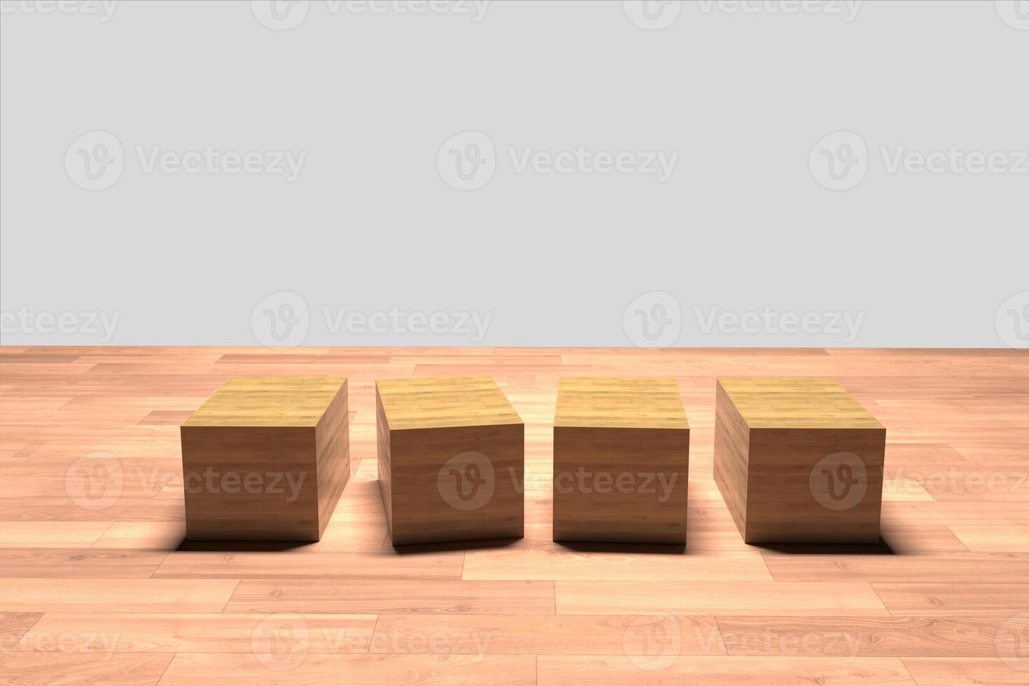 Four wooden blocks on a wooden floor in front of a wall. High quality 3D rendered images. photo