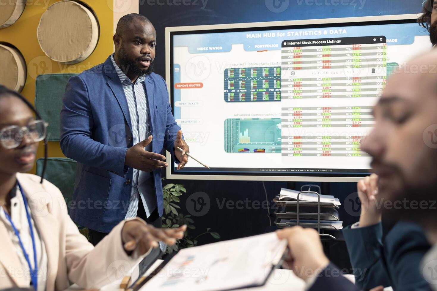 Team leader and his staff conducting a market research for progress, understanding the financial situation. Business associates working on infrastructure investments to fulfill company objectives. photo