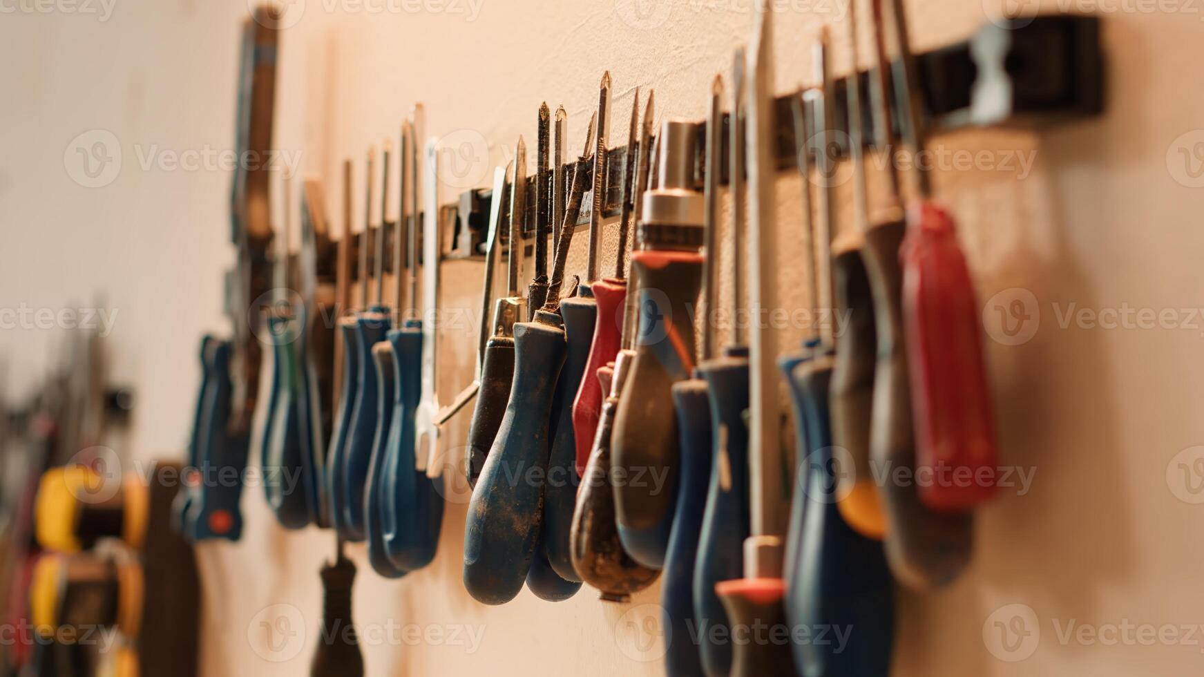 Chisels, screwdrivers, wrench and pliers on wall in furniture assembly shop, panning shot. Close up of various woodworking tools on rack in joinery used for working with wood materials photo