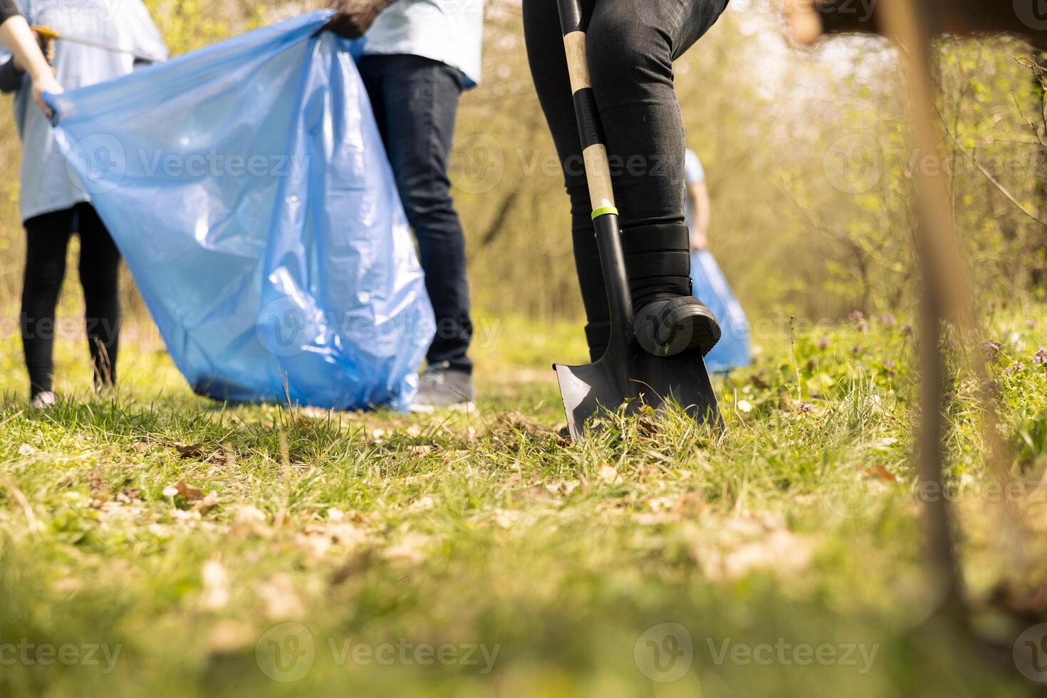 Team of activists clearing the forest area from rubbish and plastic, collecting garbage with tongs and bags. People doing voluntary work to preserve natural environment, illegal dumping. photo
