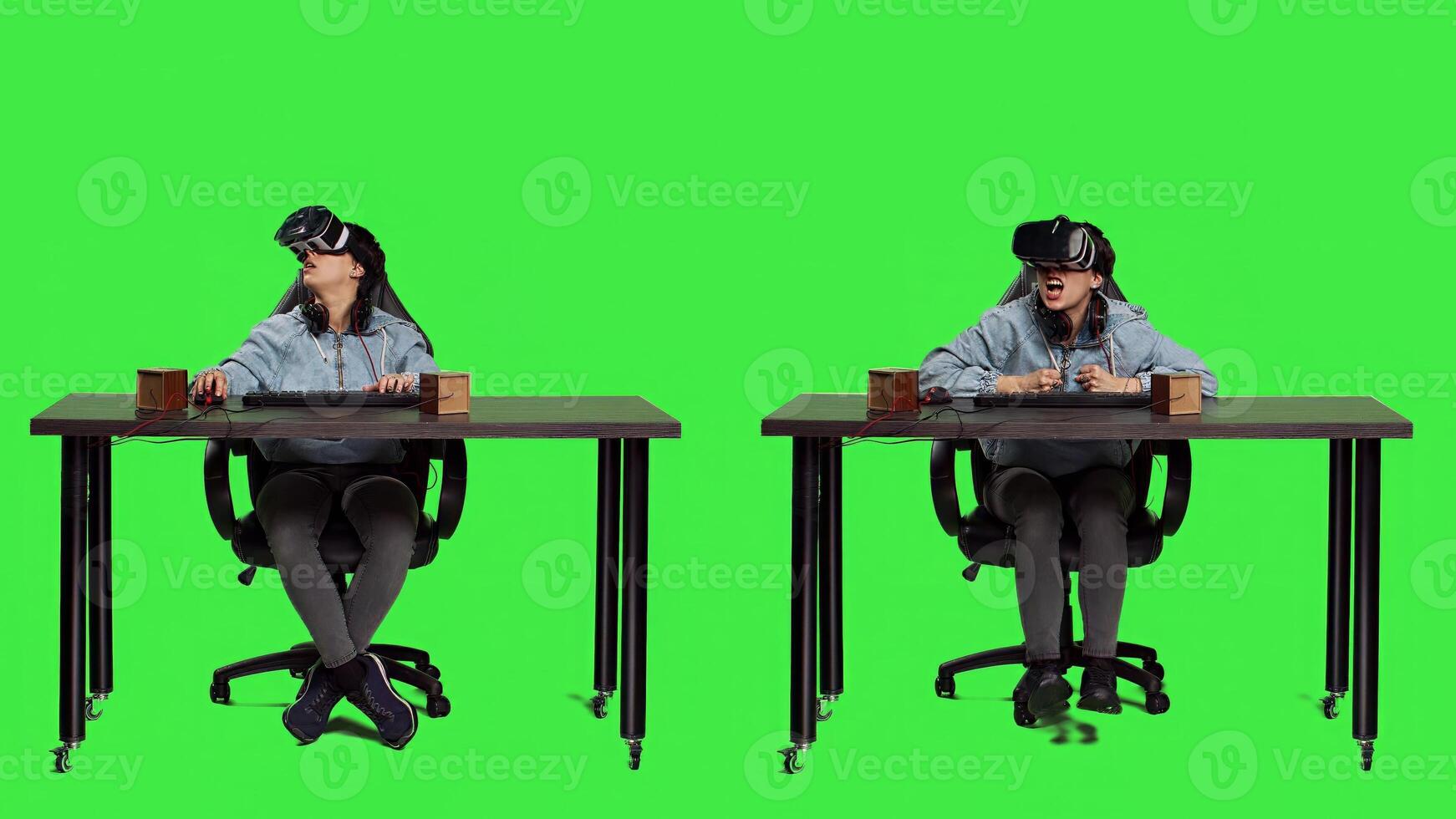 POV of player using virtual reality on games and losing round, feeling frustrated and displeased with her tournament failure. Gamer with vr glasses at desk playing e sport contest. Camera A. photo
