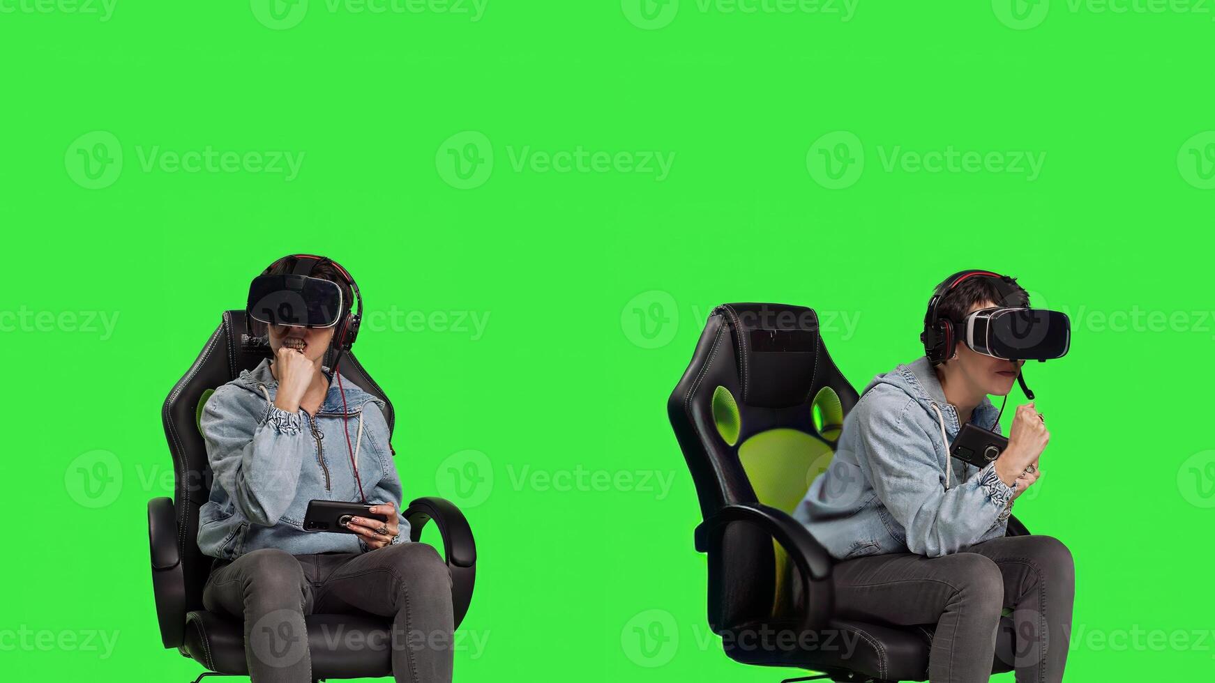 Cheerful woman celebrating huge e sport competition win with friends online on headphones, playing mobile games with virtual reality glasses. Gamer feeling proud about success. Camera B. photo