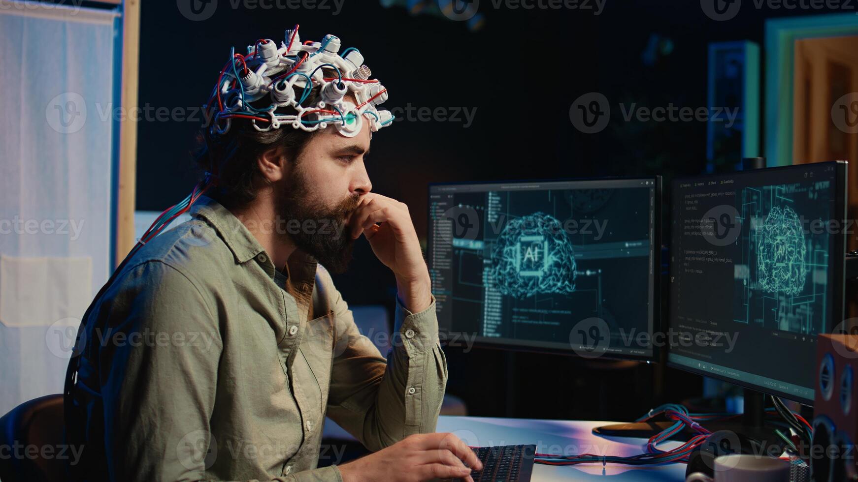 IT expert using EEG headset and machine learning to upload brain into computer, gaining immortality. Computer scientist develops AI experiment, inserting his persona into cyberspace, camera B photo