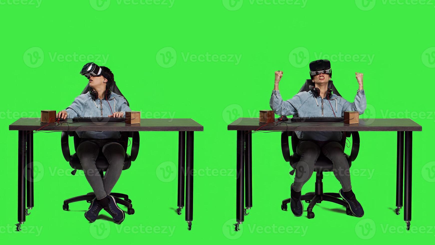 POV of gamer using virtual reality on pc games and winning, feeling proud and happy with her championship victory. Woman with vr headset at desk playing shooter contest. Camera A. photo