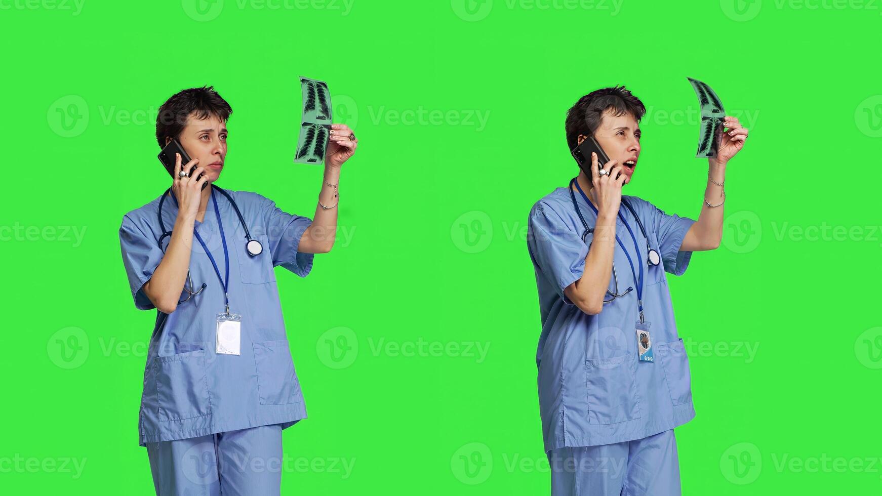 Nurse explaining disease diagnosis from x ray to patient on phone call, offering support to person receiving treatment and advice. Specialist examines radiology scan on the telephone line. Camera B. photo