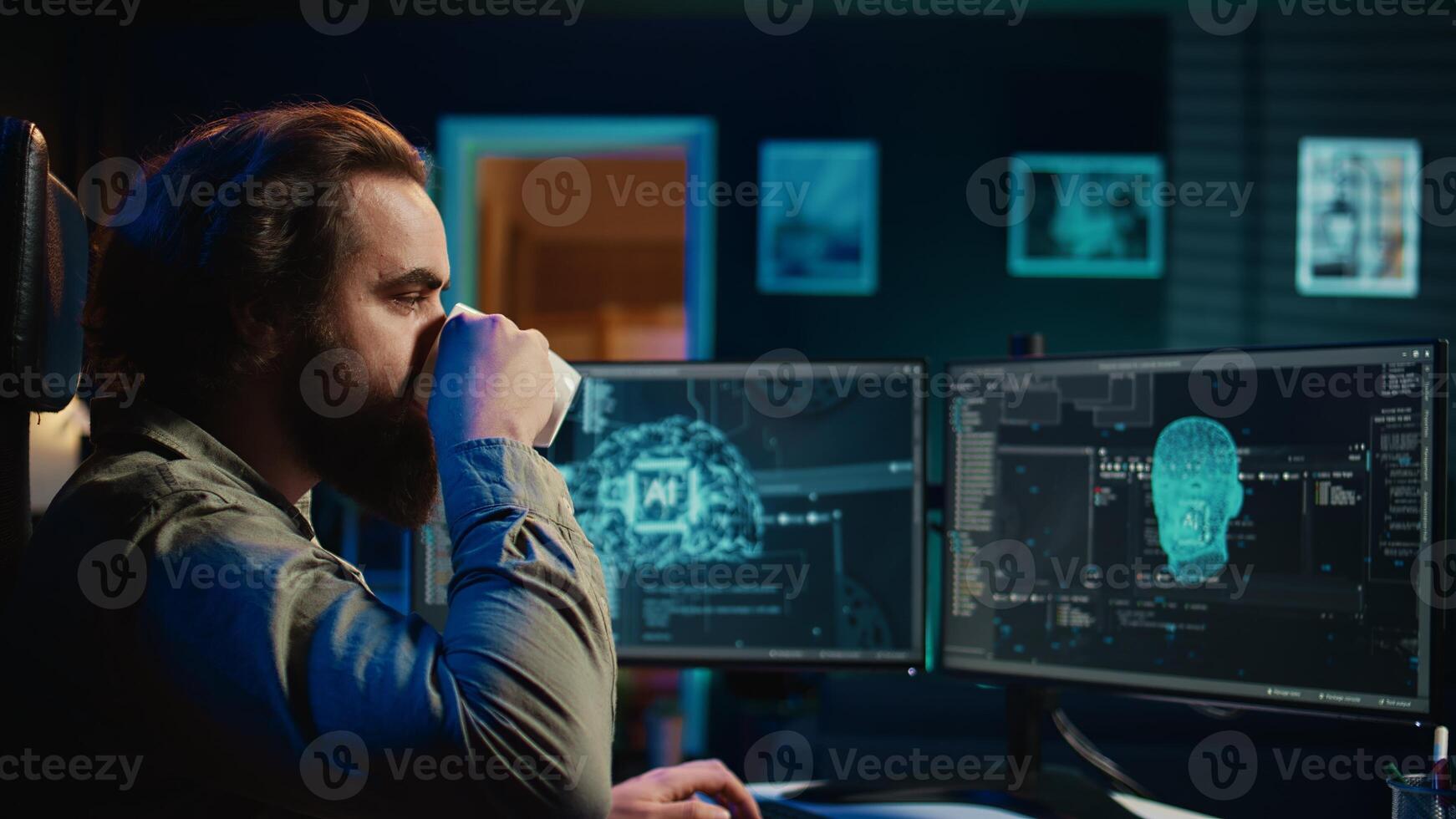 Programmer drinking coffee interrupted by awaken AI gaining consciousness asking existential questions. Developer disrupted by artificial intelligence wishing to chat, camera B photo