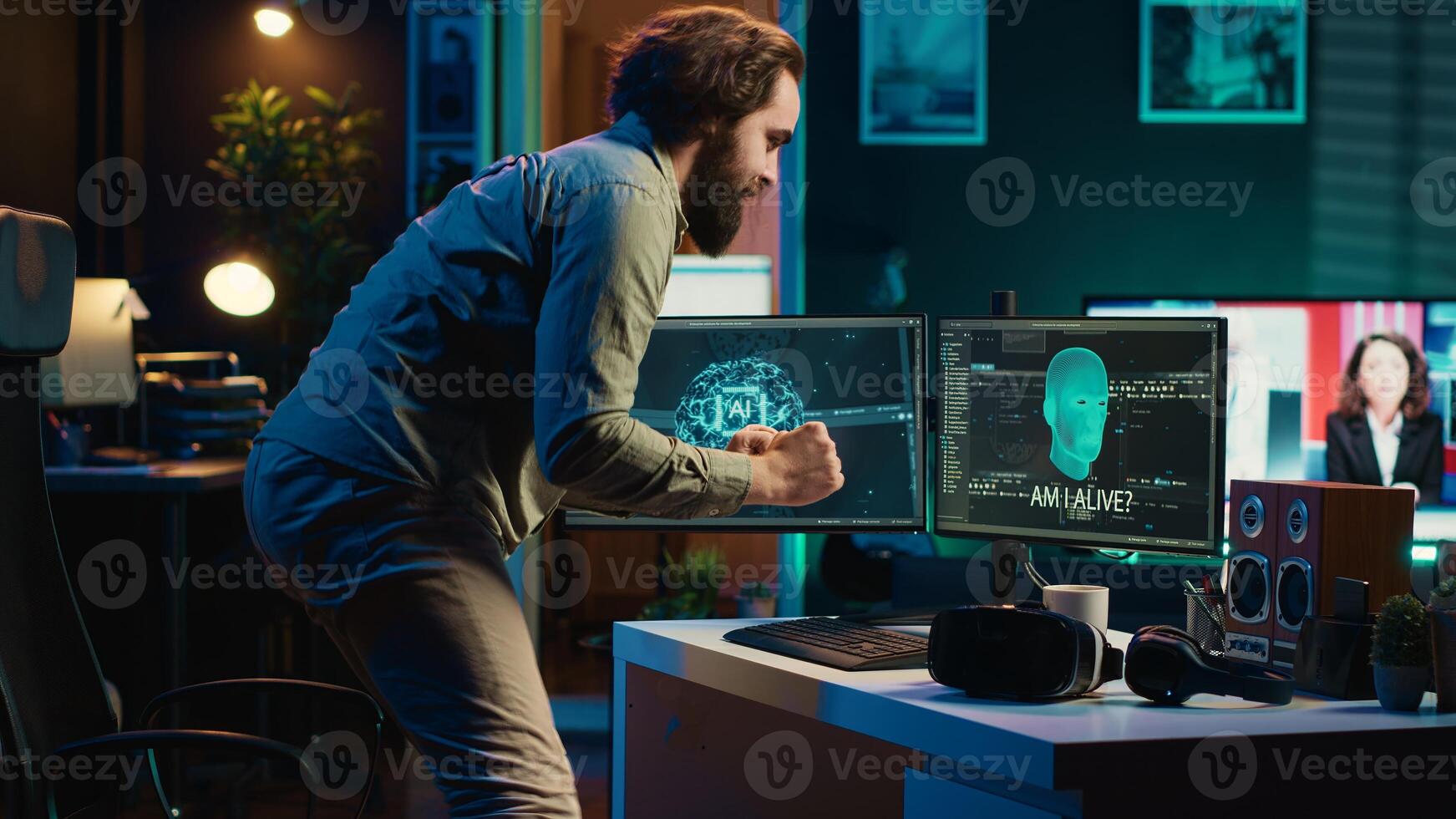 Developer using VR headset panicking after sentient artificial intelligence gains autonomy, threatening humanity. Programmer using virtual reality tech worried about AI having consciousness, camera A photo