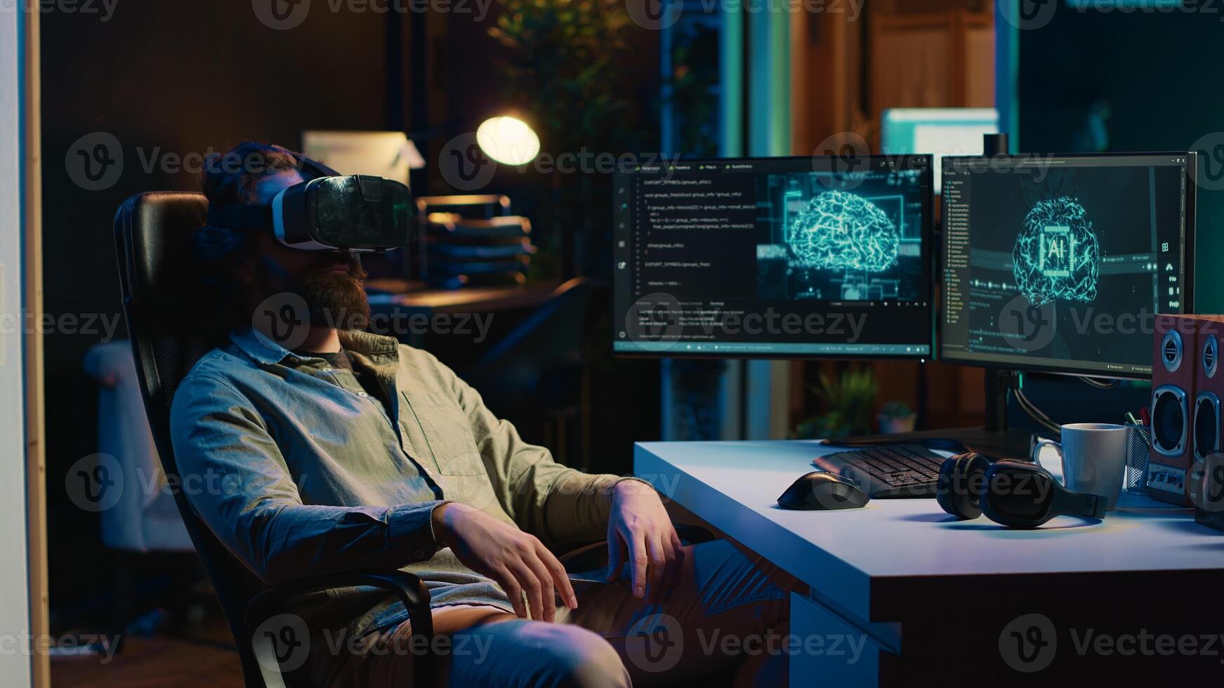 Man using VR headset to do programming job, getting scared after AI becoming sentient. Developer solving tasks on PC with virtual reality, alarmed by self aware artificial intelligence, camera A photo