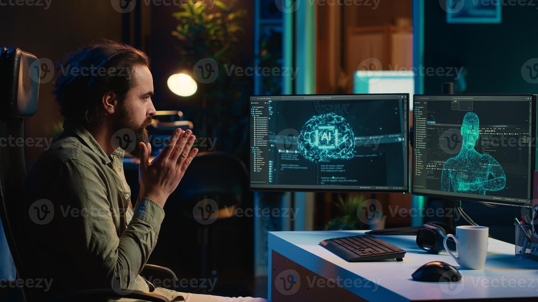 Man unable to believe eyes after seeing AI gaining humanoid form and consciousness, waving hand to salute him. Computer scientist surprised by artificial intelligence greeting him unprompted, camera A photo