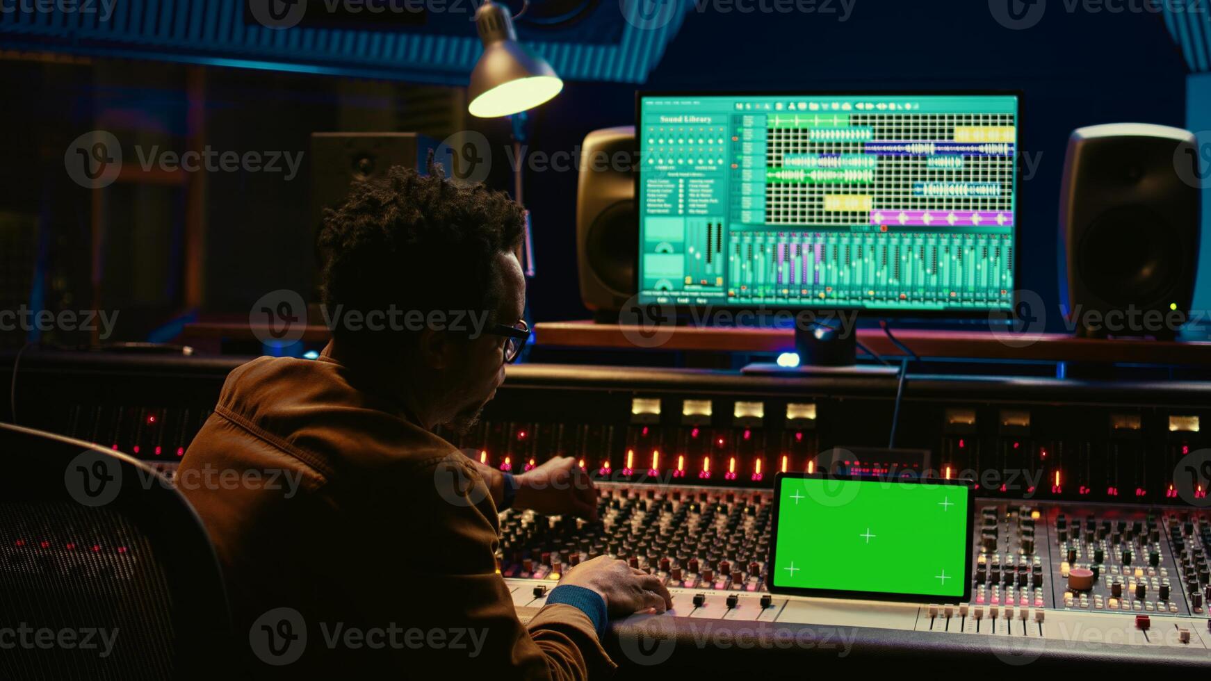 Professional audio technician recording tracks with mockup on tablet, creating tunes on mixing console to add on songs in post production. Engineer pressing buttons, process sounds. Camera B. photo
