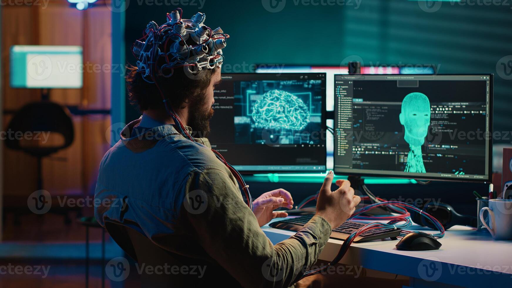 Computer engineer trying to make EEG headset work, researching brain machine transferring. Man doing SF online consciousness uploading, trying to transcend out of simulation, camera A photo