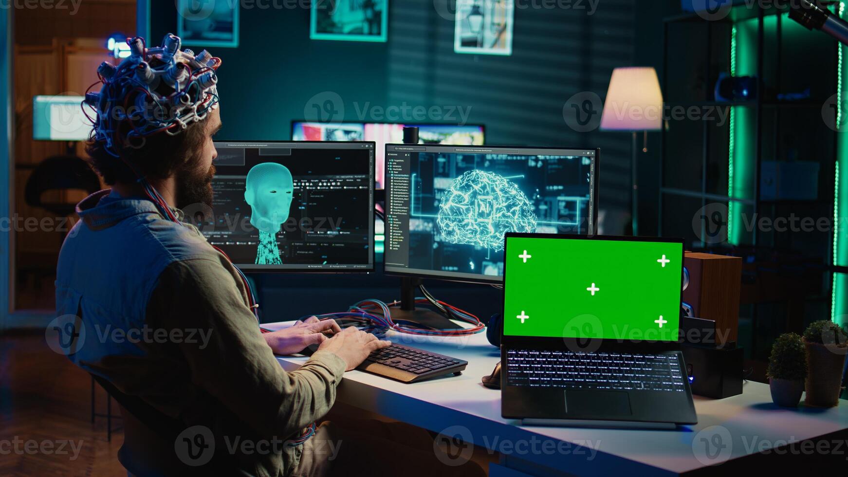 Computer scientist uploading brain into cyberspace, gaining digital persona using green screen laptop. Neuroscientist merging mind with AI, uploading consciousness into chroma key device, camera B photo