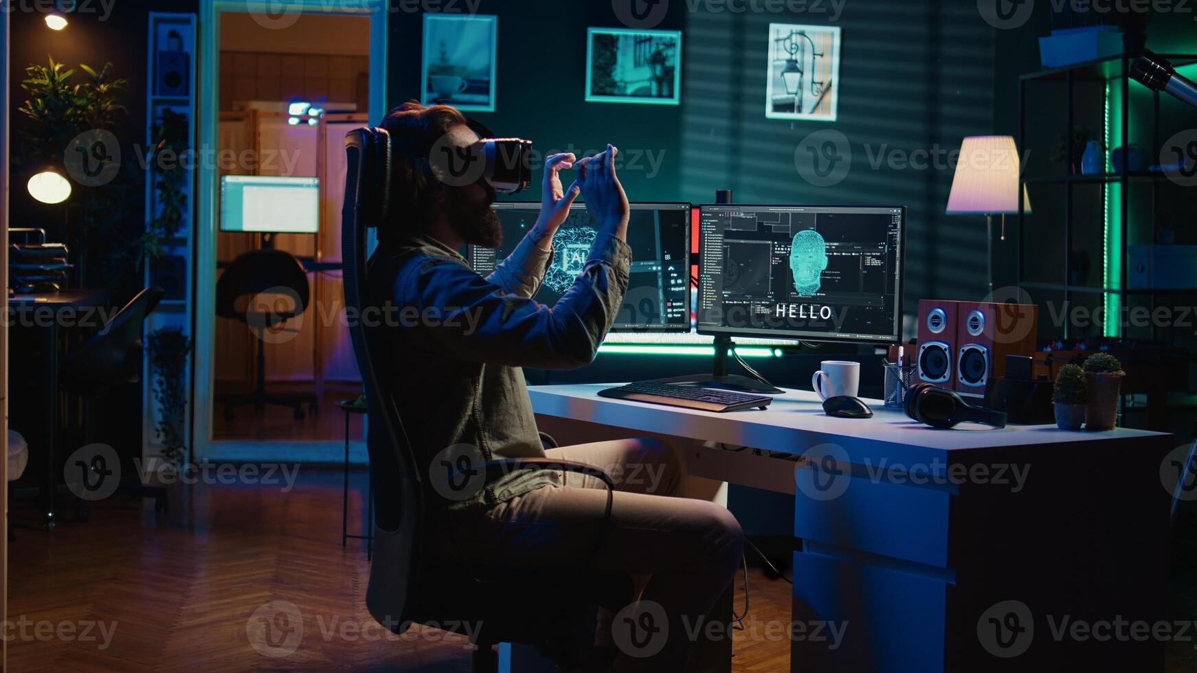Developer using VR headset panicking after sentient artificial intelligence gains autonomy, threatening humanity. Programmer using virtual reality tech worried about AI having consciousness, camera B photo