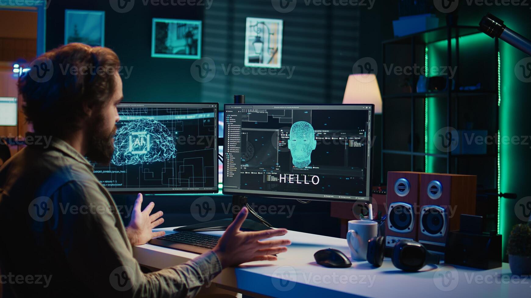 Computer scientist programming sentient artificial intelligence with own autonomy, creation myth concept. Programmer at home creating conscious AI superintelligence, camera B photo