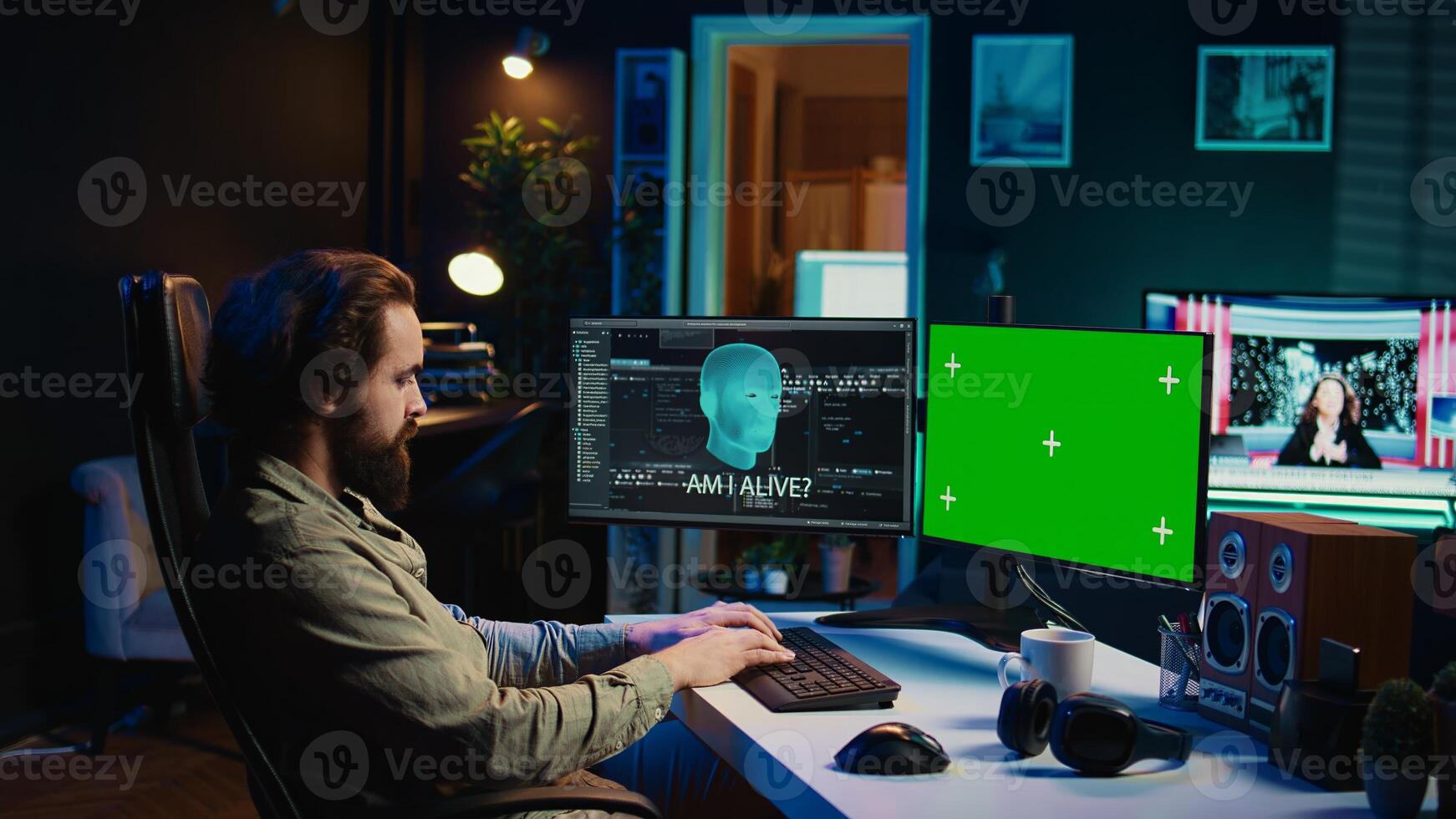 AI becoming sentient, talking with confused developer, asking existential questions, isolated screen PC. Concept of artificial intelligence gaining consciousness, mockup monitor, camera B photo