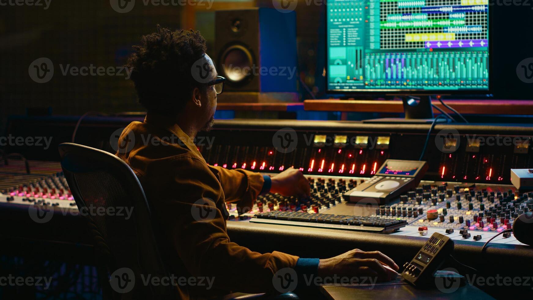 Tracking engineer processing and mixing sounds in control room with audio console and professional editing software on computer. Music production expert uses motorized faders and knobs. Camera A. photo