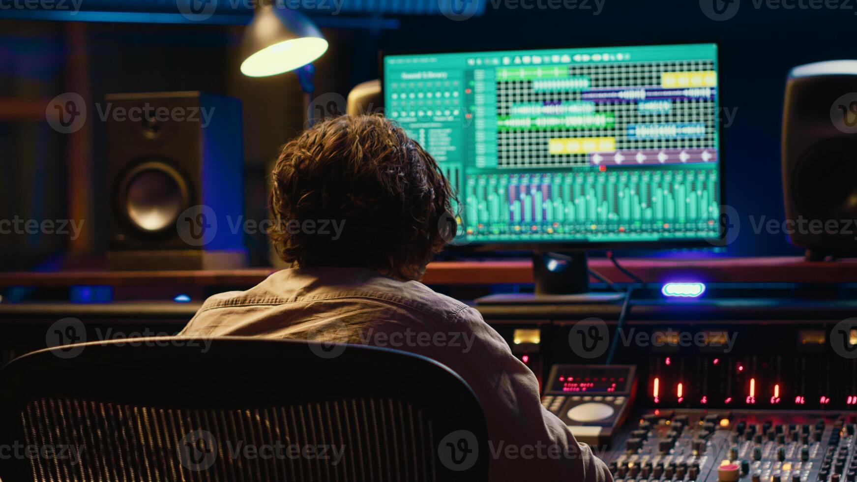 Audio expert does mixing and mastering on tracks using digital editing software in studio, producing new music. Skilled sound designer adjusting volume levels by using switchers and faders. Camera A. photo